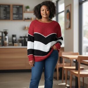 Preswick & Moore Sweater Red/Black/White Chevron Metallic in Sizes 1X & 2X‎  NWT